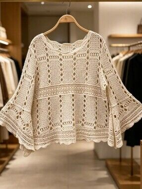 NEW! Apricot Crochet Openwork Bell Sleeve Top